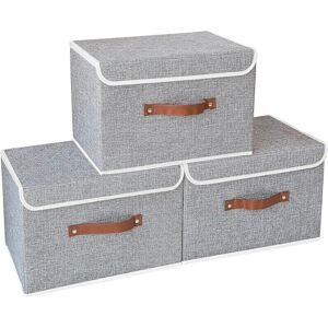 3 Pack Storage Boxes with Lids Collapsible Linen Fabric Storage Basket Bins for Towels, Books, Toys, Clothes etc. (Grey, 38x25x25cm) - Gray - Norcks