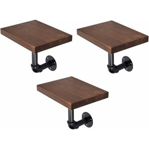 NORCKS Industrial Pipe Shelf Set - 3 Small Wooden Shelves with Black Pipe Shelf Brackets - 15x20cm Wall-Mounted Wood Shelving - Size S, Dark Brown