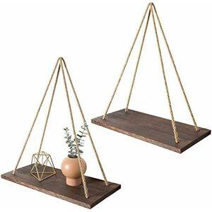 Norcks - Wall Hanging Shelves Wooden Floating Shelf Set of 2 Boho Wall Decor Triangle Swing Rope Storage Shelf - Rustic Plant Display Shelving Home