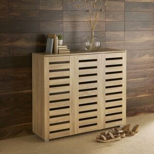 Oslo 3 Door Oak Wooden Shoe Storage Cabinet Rack Stand Cupboard Slatted Doors - Oak