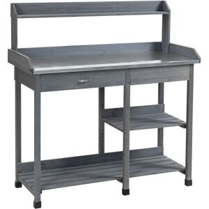 Garden Potting Table Workstation w/ Metal Tabletop, Drawer, Shelves - Grey - Outsunny