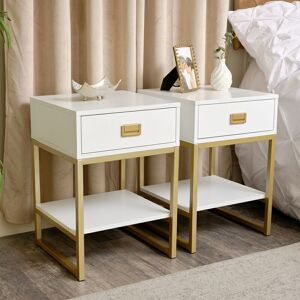 MELODY MAISON Pair of One Drawer Bedside Tables - Elle White Range - White, Gold