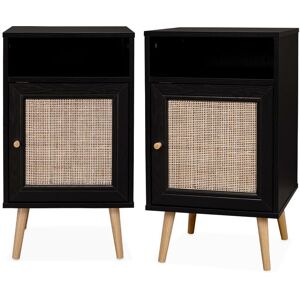 Sweeek - Pair of Scandi-style wood and cane rattan bedside tables with cupboard, black, L40xW39xH65.8cm - Black