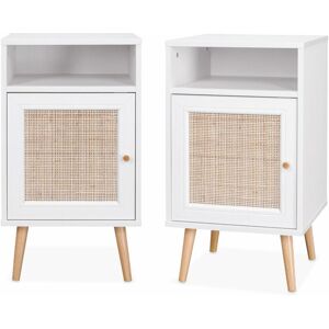 Sweeek - Pair of Scandi-style wood and cane rattan bedside tables with cupboard, 40x39x70cm - Boheme - White - White