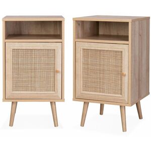 SWEEEK Pair of Scandi-style wood and cane rattan bedside tables with cupboard, 40x39x70cm - Boheme - Natural Wood colour - Natural