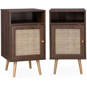 Sweeek - Pair of Scandi-style wood and cane rattan bedside tables with cupboard, 40x39x70cm - Boheme - Dark Wood colour - Dark wood colour