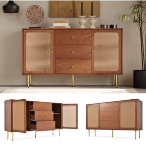 Abrihome - Rattan Sideboard Cabinet for Living Room, Chest of Drawers with with 2 Doors and 3 Drawers, Adjustable shelf, Walnut