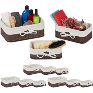 12 Storage Baskets, Bathroom Storage Boxes, 3 Sizes, Bamboo & Polyester, Multipurpose, Stackable, Brown/Creme - Relaxdays