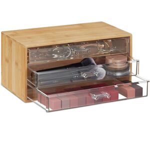 Bamboo Makeup Organiser, 3 Transparent Drawers, Cosmetics, Jewellery, h x w x d: 15 x 30 x 17.5 cm, Natural - Relaxdays