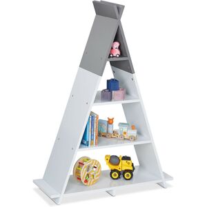 Children's Bookcase, Toy Storage, 4 Open Tiers, Kids Shelf, Tepee Design, HxWxD: 107 x 76 x 27 cm, White/Grey - Relaxdays