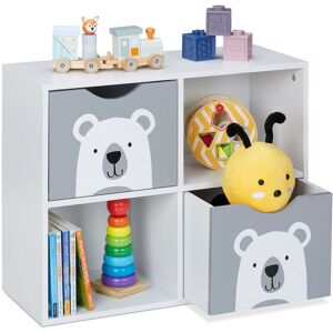 Children's Bookshelf, Toy Storage, 4 Compartments, Bear Motif, 2 Drawers, HxWxD: 48 x 60 x 24.5 cm, White/Grey - Relaxdays