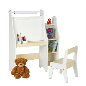Children's Drawing Stand, with Chair, Shelves & Paper Roll, hwd: 90 x 72 x 30 cm, Painting Board, White/Beige - Relaxdays
