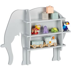 Children's Elephant Shelf, 2 Open Compartments, Kids Bookcase, Wall Mounted Storage, 50 x 63.5 x 10 cm, Grey - Relaxdays