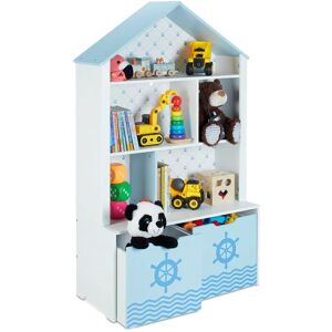 Children's Shelf, 5 Compartments, 2 Rolling Boxes, HxWxD: 128x75x34 cm, House Shape, Toy Storage, White/Blue - Relaxdays