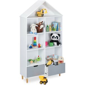 Children's Shelf, House Shape, 7 Compartments, 2 Drawers, for Books and Toys, hwd: 161x87x30 cm, White/Grey - Relaxdays