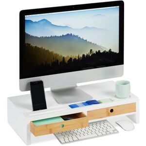 Relaxdays Display Stand, 2 Drawers, PC Screen Riser, Desk Mount, Bamboo & MDF, HWD: 12 x 55.5 x 27 cm, White/Natural