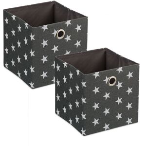 Relaxdays - Fabric Storage Box, Set of 2, White Stars, 30.5 x 30 x 30 cm, Folding Shelf Tidy, Handle Holes, Grey/White