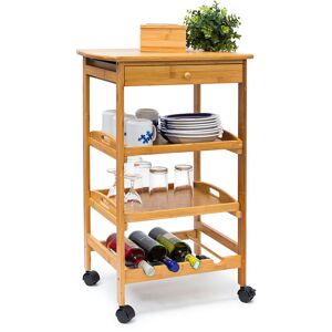 RELAXDAYS James Kitchen Cart Size: Large, Bamboo: 80.5 x 50 x 37 cm Serving Rolling Cart w/ Drawer & 2 Trays Rolling Wooden Kitchen Trolley w/ Storage Space