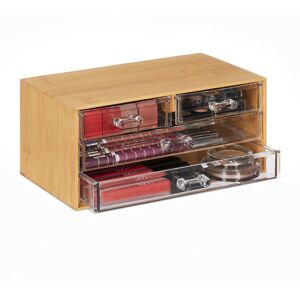 Make-up Organiser, 4 Drawers, Storage B-x, Bamboo & Plastic, Versatile, 11 x 23.5 x 15 cm, Transparent/Natural - Relaxdays