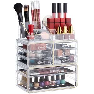 Makeup Organizer with Drawers, Stacking Makeup and Jewellery Box, Acrylic Cosmetic Kit, Clear-Gold - Relaxdays