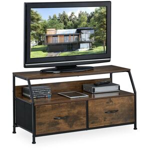 Tv Cabinet, 2 Drawers, Industrial, h x w x d: 48.5 x 93 x 41.5 cm, Metal, mdf, Wood, Brown/Black - Relaxdays