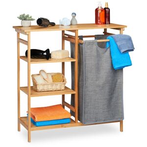 Bathroom Shelf with Laundry Basket, Bamboo, 4 Levels, Removable Collector, 80.5 x 80 x 33.5 cm, Natural/Grey - Relaxdays