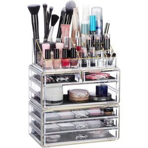 Organiser with 6 Drawers, 22 Compartments for Makeup Storage, Acrylic Cosmetic Tower, Transparent/Golden - Relaxdays