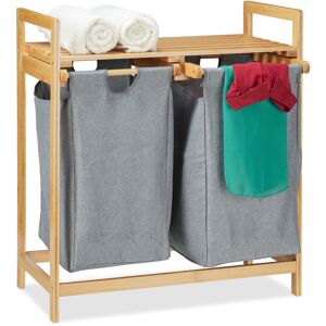 Double Laundry Basket, with Shelf, 2 Sections, 2x 30 l Laundry Bags, Bamboo, hwd 73 x 64 x 33 cm, Natural/Grey - Relaxdays