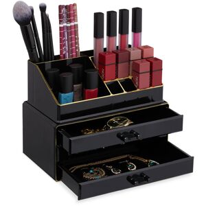 Small Makeup Organizer, 2-Piece Cosmetics Storage with Drawers, Stackable Makeup Shelf, Black/Gold - Relaxdays
