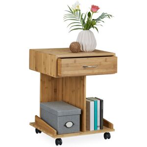 Rolli Bamboo Side Table with Wheels, Drawer, 2 Shelves for Books, HxWxD: ca 56.5 x 43 x 46 cm, Natural Brown - Relaxdays