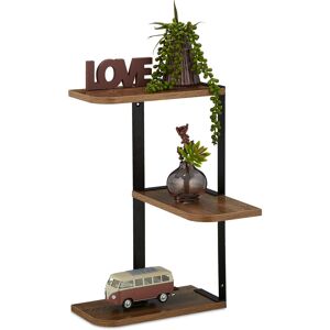 Wall-Mounted Corner Shelf, 3 Tiers, hwd: 42.5 x 26.5 x 26.5 cm, Living Room, Kitchen, mdf, Metal, Brown/Black - Relaxdays