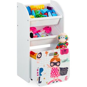 Children's Shelf with 3 Boxes, Hero Motif, Chest with Castors, hwd: 80.5x42.5x30 cm, Narrow Toy Storage, White - Relaxdays