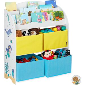 Children's Shelf, Mermaids Motif, 4 Boxes, Compartments for Books, Storage, Bookshelf, 74x71x23 cm, Colourful - Relaxdays