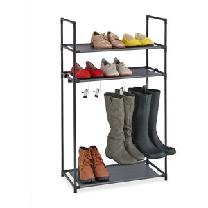 Shoe Rack 3 levels, 10 Pairs of Shoes, 4 Boot Hooks, Plug-in System, Metal & Fabric, Hallway Storage, Black - Relaxdays