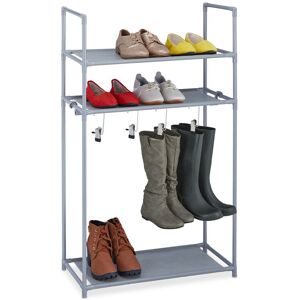 Shoe Rack 3 levels, 10 Pairs of Shoes, 4 Boot Hooks, Plug-in System, Metal & Fabric, Hallway Storage, Grey - Relaxdays