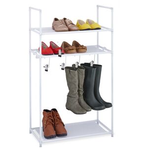 Relaxdays Shoe Rack 3 levels, 10 Pairs of Shoes, 4 Boot Hooks, Plug-in System, Metal & Fabric, Hallway Storage, White