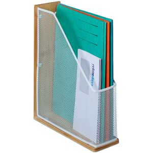 Relaxdays - Stand-up File Holder, Bamboo and Metal Mesh Desk Organiser, A4 to C4, hwd: 33 x 9 x 26.5 cm, Natural-White