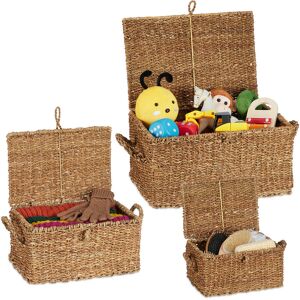 Relaxdays - Storage Box, Set of 3, Round Basket with Lid, Bathroom Organiser, 3 Different Sizes, Seagrass, Brown/White