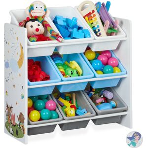 Toy storage unit, kids organiser with 9 boxes, nursery organiser, mdf, plastic, bonfire print, colourful - Relaxdays