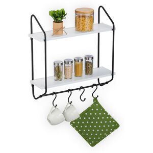 Wall Mounted Kitchen Rack with Hooks, 2 Shelves, hwd: 50 x 45 x 14 cm, Open Hanging Storage Unit, White/Black - Relaxdays