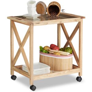 Wooden Kitchen Cart with Wheels, Serving Trolley with Glass Top, 2 Tiers, HxWxD: 63 x 66.5 x 38 cm, Natural - Relaxdays