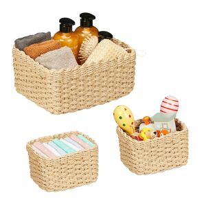 Relaxdays - Woven Storage Basket, Set of 3, 2 Sizes, Storage Box, Cupboard & Shelf, Paper Rope, Decorative Baskets, Beige