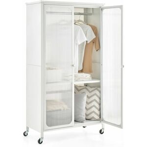 COSTWAY Rolling Storage Wardrobe Cabinet Mobile Wardrobe Armoire Closet w/ Hanging Rod