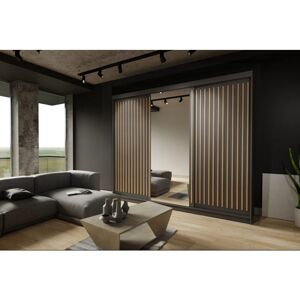 SLIDING WARDROBES 4U Royal 3 Door Sliding Wardrobe with Mirror Modern Bedroom 250cm - Black with Oak Strip