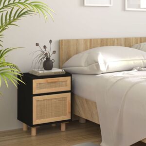 Bedside Cabinet Black Solid Wood Pine and Natural Rattan - Royalton