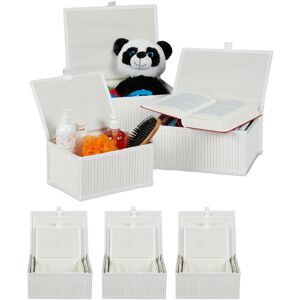 4 Sets of 3 Bamboo Storage Baskets with Lid, Decorative Organiser, Dust-free & Moisture-resistant, White - Relaxdays