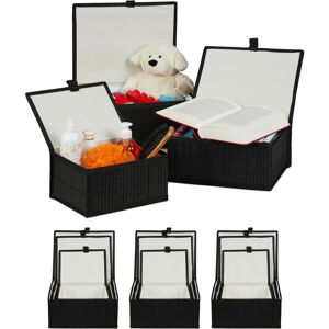 4 Sets of 3 Bamboo Storage Baskets with Lid, Decorative Organiser, Dust-free & Moisture-resistant, Black - Relaxdays