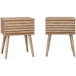 Sweeek - Set of two Scandinavian-style bedside tables with wood decor, grooved drawer and compass legs - Natural