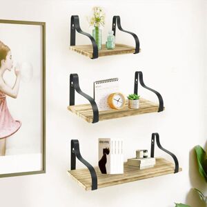 LIVINGANDHOME Set of 3 Floating Industrial Wood Metal Wall Shelf Storage Unit