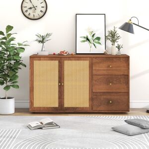 QHJ Rattan Sideboard with 2 Door and 3 Drawer Storage Cabinet Walnut Cabinet Cupboard Furniture for Lounge Hallway Dining Room Living Room